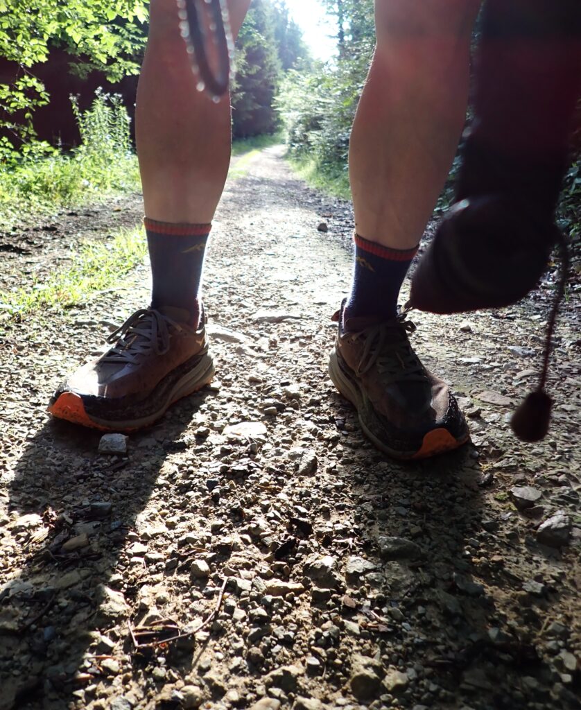 Ein Paar Wanderschuhe steht auf einem unebenen Waldweg, die Schritte sind gestoppt. Der Weg zu Ende.